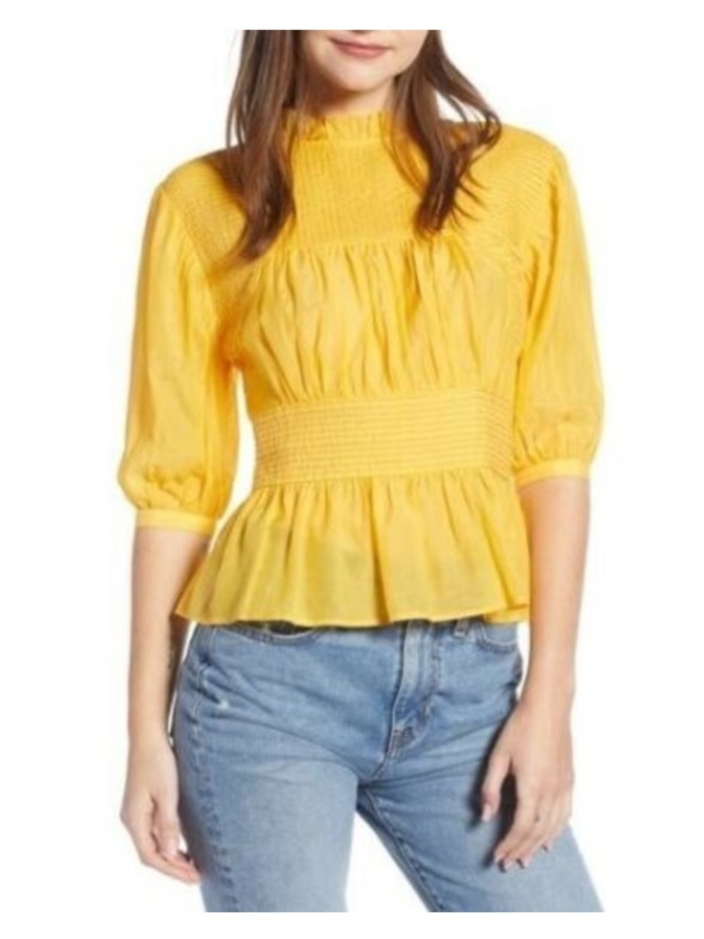 Something Navy Yellow Textured Peplum Short Sleeve Blouse Size Medium